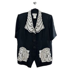 Sure Beaded Linen Jacket 18 Black Retro Glam Boho Western Festival Funky 70s